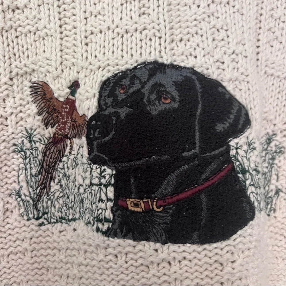 Vintage 90’s Crewneck Chunky Knit  Embroidered Black Lab Dog Sweater Size XL